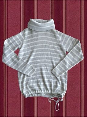 Striped Light Gray & White Cowl Neck Drawstring Sweater